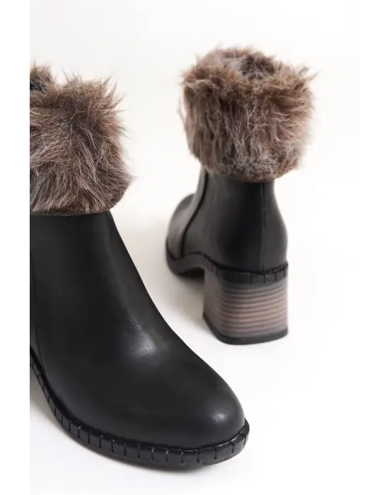 Julıa Fermuarlı Ortopedik Taban Tüylü Topuklu Kadın Bot St - Siyah