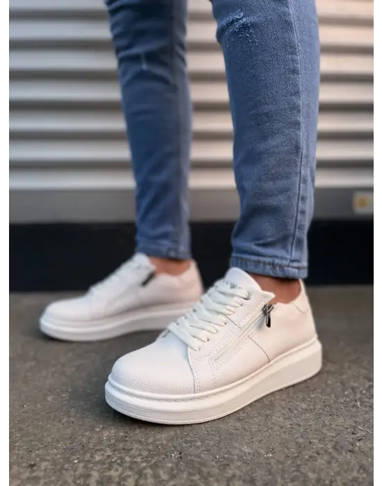 Tb155 Warrior Bağcıklı Ve Fermuarlı Cilt Erkek Günlük Sneaker Ayakkabı Cbt - Beyaz