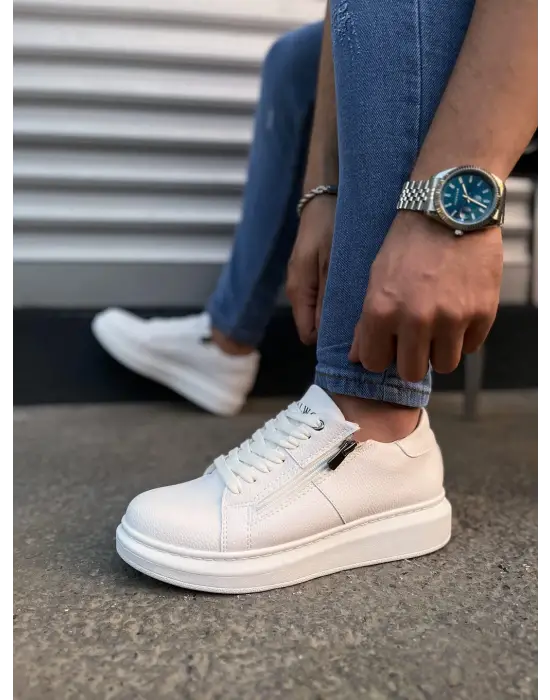 Tb155 Warrior Bağcıklı Ve Fermuarlı Cilt Erkek Günlük Sneaker Ayakkabı Cbt - Beyaz