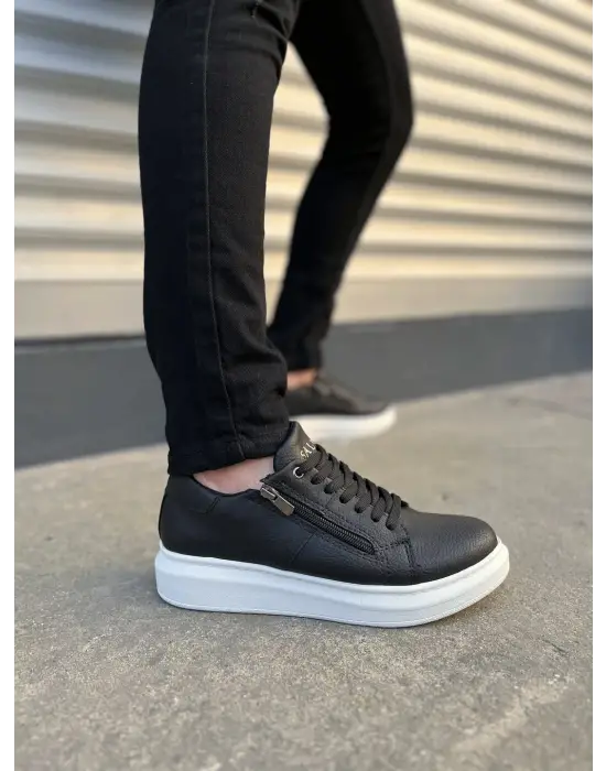 Tb155 Warrior Bağcıklı Ve Fermuarlı Cilt Erkek Günlük Sneaker Ayakkabı Cbt - Siyah