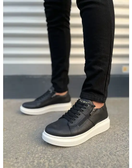 Tb155 Warrior Bağcıklı Ve Fermuarlı Cilt Erkek Günlük Sneaker Ayakkabı Cbt - Siyah