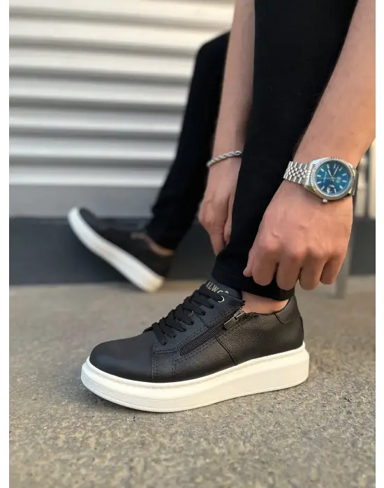 Tb155 Warrior Bağcıklı Ve Fermuarlı Cilt Erkek Günlük Sneaker Ayakkabı Cbt - Siyah