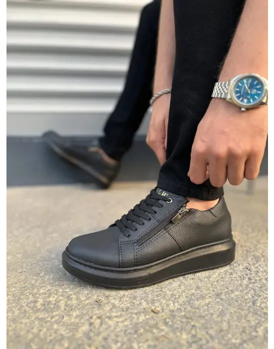 Tb155 Warrior Bağcıklı Ve Fermuarlı Cilt Erkek Günlük Sneaker Ayakkabı Cst - Siyah