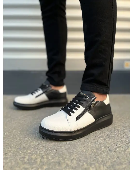 Tb155 Warrior Bağcıklı Ve Fermuarlı Cilt Erkek Günlük Sneaker Ayakkabı Cst - Siyah/beyaz