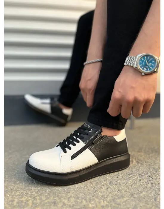 Tb155 Warrior Bağcıklı Ve Fermuarlı Cilt Erkek Günlük Sneaker Ayakkabı Cst - Siyah/beyaz