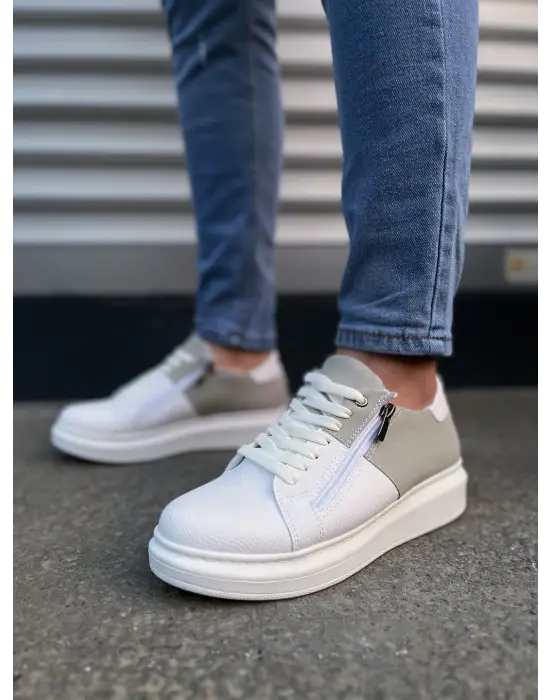 Tb155 Warrior Bağcıklı Ve Fermuarlı Cilt Süet Erkek Günlük Sneaker Ayakkabı Csbt - Beyaz/gri