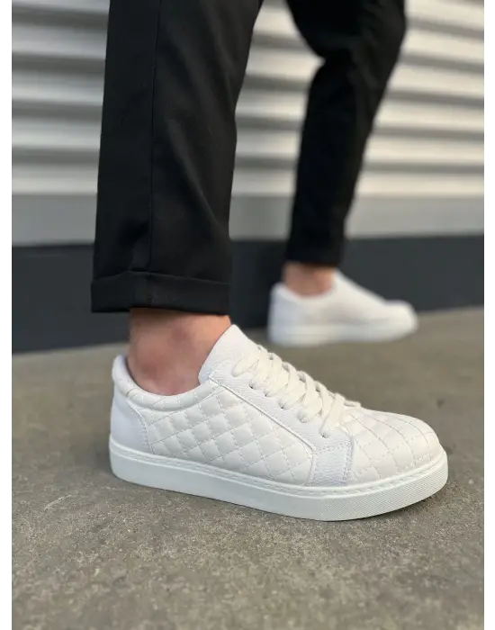 Tb166 Prestige Bağcıklı Cilt Kapitone Desenli Erkek Günlük Sneaker Ayakkabı Cbt - Beyaz