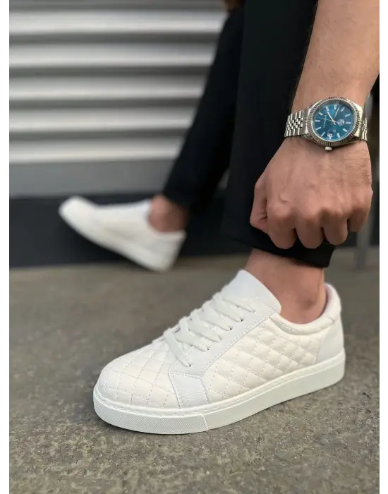 Tb166 Prestige Bağcıklı Cilt Kapitone Desenli Erkek Günlük Sneaker Ayakkabı Cbt - Beyaz