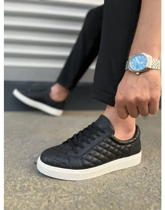 Tb166 Prestige Bağcıklı Cilt Kapitone Desenli Erkek Günlük Sneaker Ayakkabı Cbt - Siyah