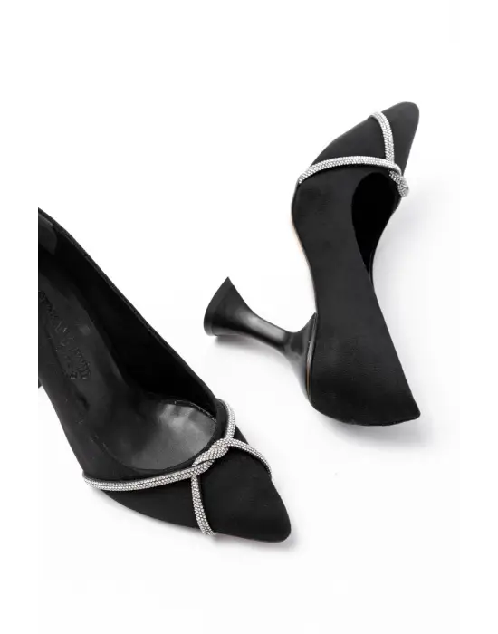 Siyah Süet Günlük Sarmal Taşlı Topuklu Kadın Ayakkabı