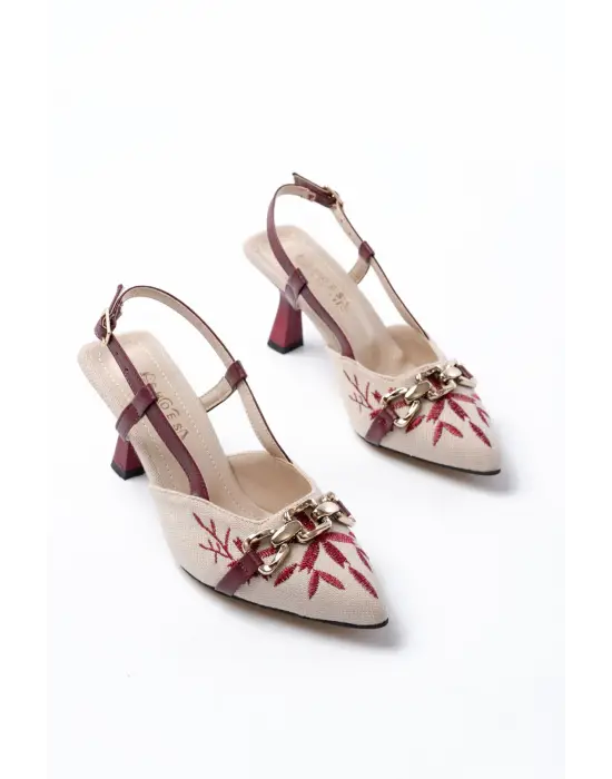 K-250 Bordo Keten Günlük Arkası Açık Tokalı Topuklu Kadın Ayakkabı