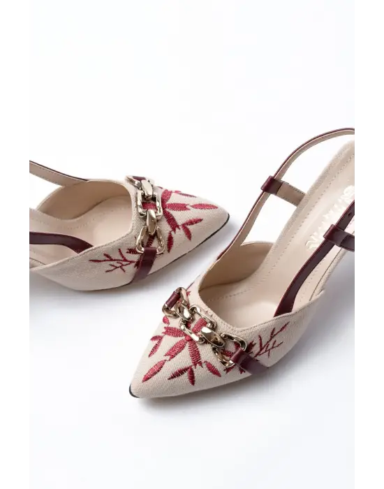 K-250 Bordo Keten Günlük Arkası Açık Tokalı Topuklu Kadın Ayakkabı