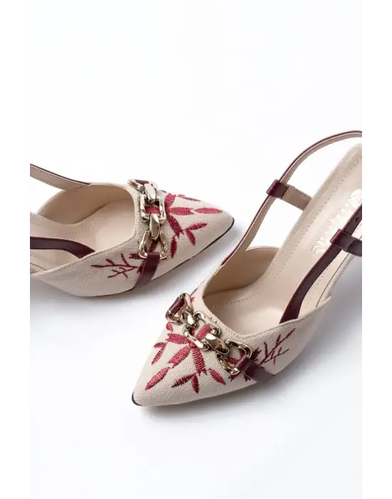 K-250 Bordo Keten Günlük Arkası Açık Tokalı Topuklu Kadın Ayakkabı