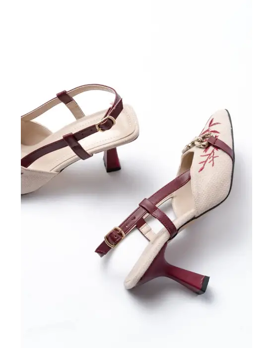 K-250 Bordo Keten Günlük Arkası Açık Tokalı Topuklu Kadın Ayakkabı