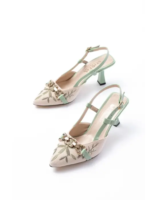 K-250 Fıstık Yeşili Keten Günlük Arkası Açık Tokalı Topuklu Kadın Ayakkabı