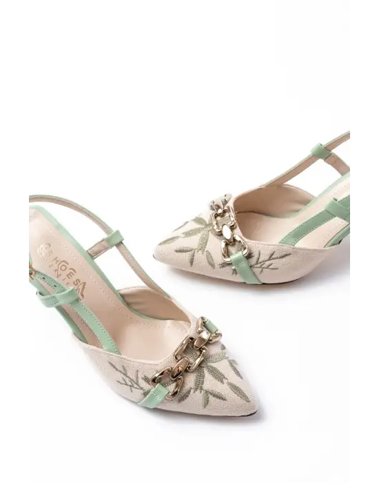 K-250 Fıstık Yeşili Keten Günlük Arkası Açık Tokalı Topuklu Kadın Ayakkabı