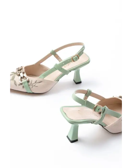 K-250 Fıstık Yeşili Keten Günlük Arkası Açık Tokalı Topuklu Kadın Ayakkabı