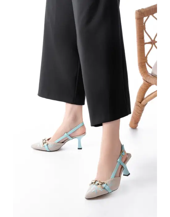 K-250 Mavi Keten Günlük Arkası Açık Tokalı Topuklu Kadın Ayakkabı