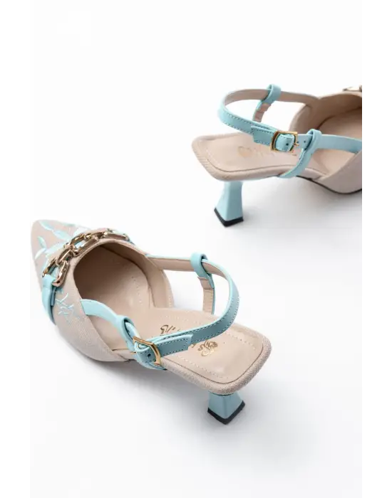 K-250 Mavi Keten Günlük Arkası Açık Tokalı Topuklu Kadın Ayakkabı