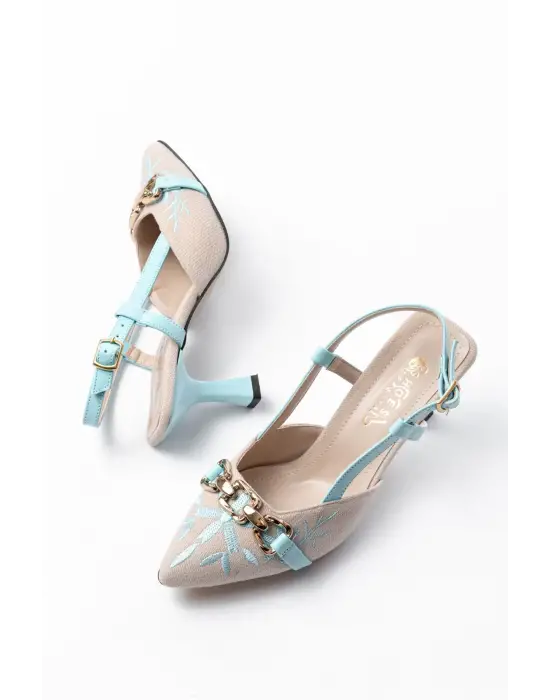 K-250 Mavi Keten Günlük Arkası Açık Tokalı Topuklu Kadın Ayakkabı