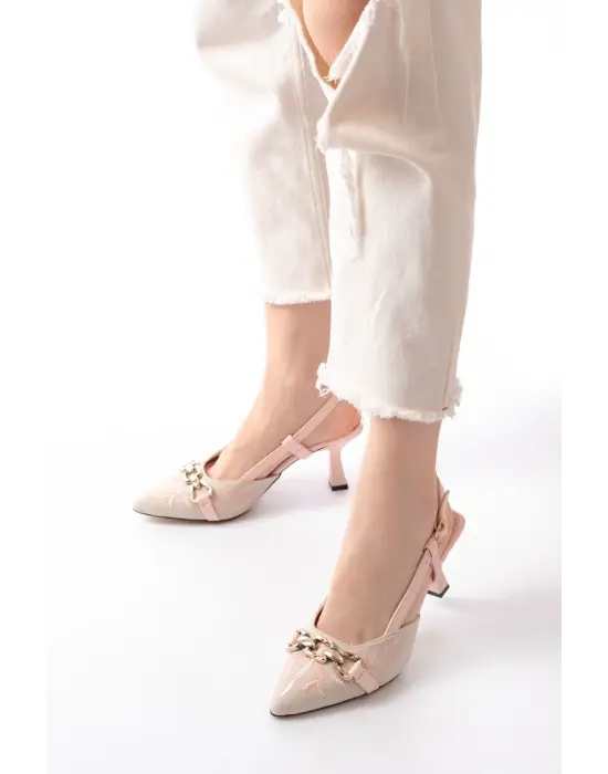 K-250 Pudra Keten Günlük Arkası Açık Tokalı Topuklu Kadın Ayakkabı