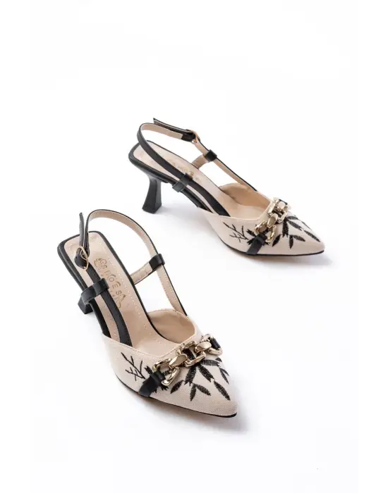 K-250 Siyah Keten Günlük Arkası Açık Tokalı Topuklu Kadın Ayakkabı