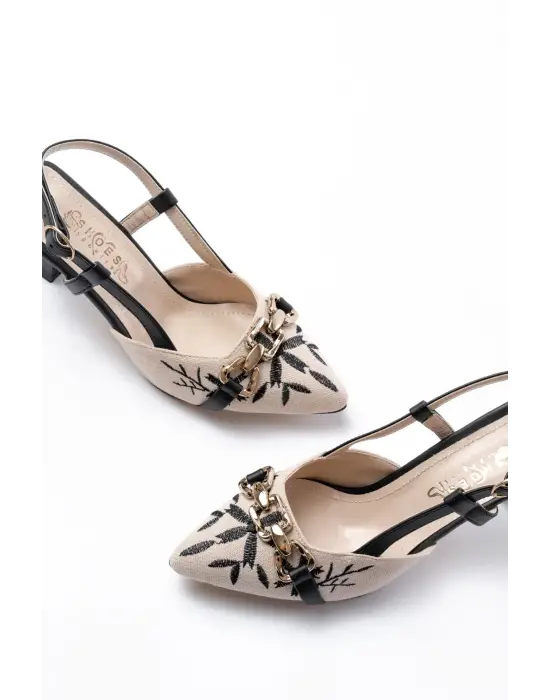 K-250 Siyah Keten Günlük Arkası Açık Tokalı Topuklu Kadın Ayakkabı