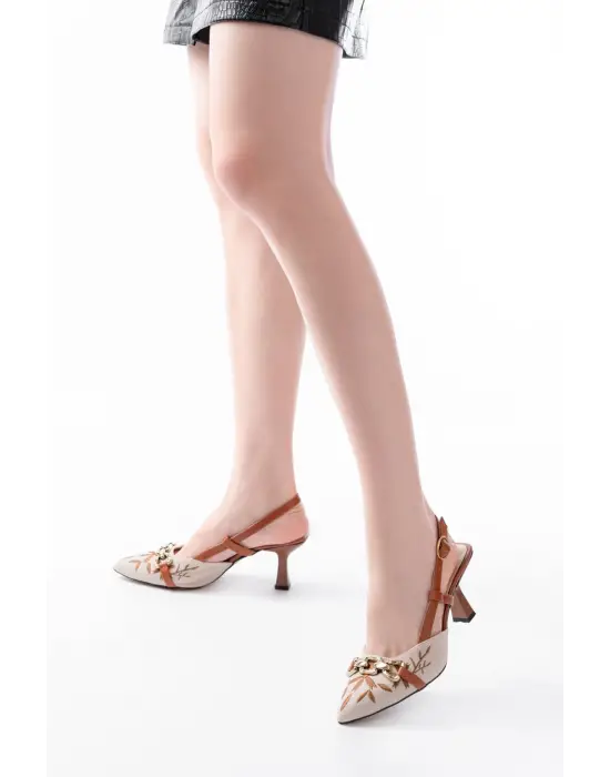 K-250 Taba Keten Günlük Arkası Açık Tokalı Topuklu Kadın Ayakkabı