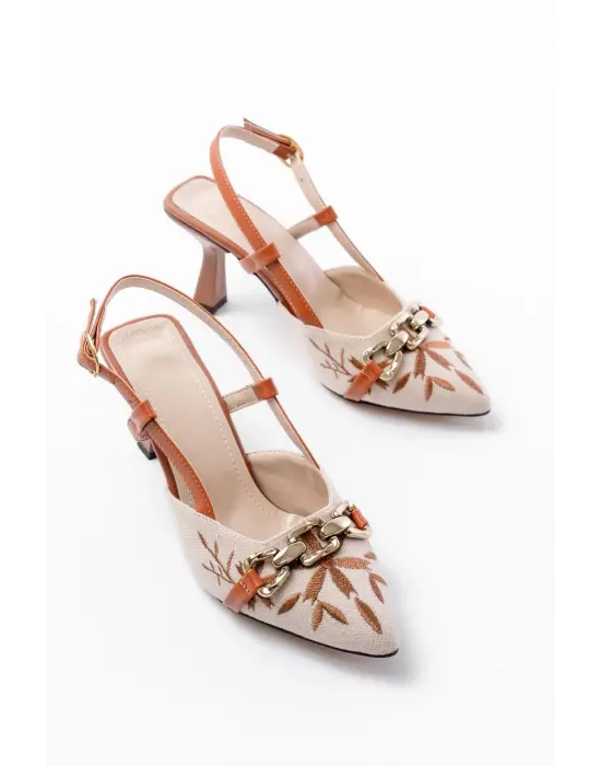 K-250 Taba Keten Günlük Arkası Açık Tokalı Topuklu Kadın Ayakkabı