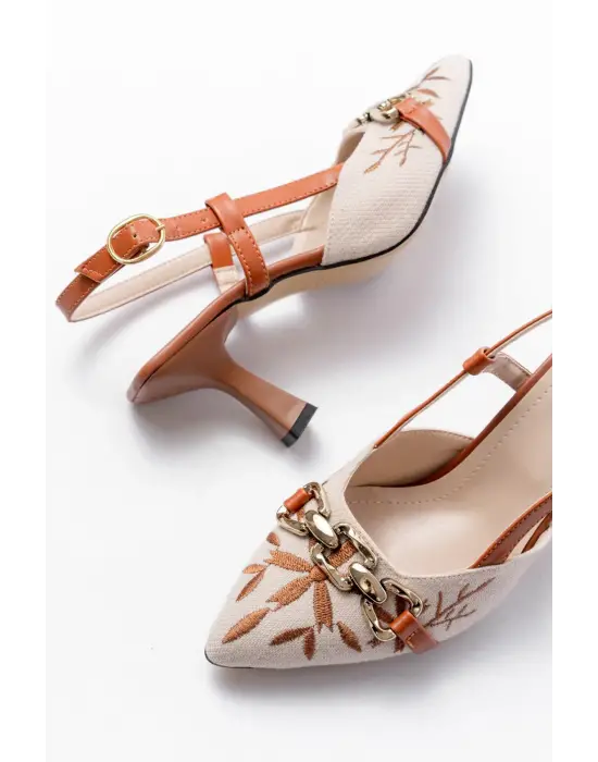 K-250 Taba Keten Günlük Arkası Açık Tokalı Topuklu Kadın Ayakkabı