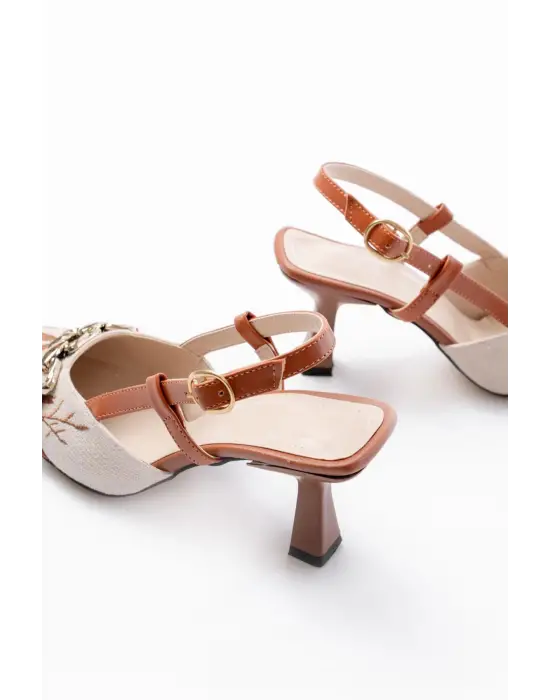 K-250 Taba Keten Günlük Arkası Açık Tokalı Topuklu Kadın Ayakkabı