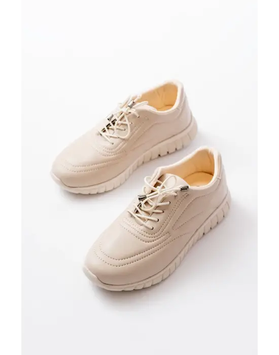 K-504 Bej Bağcıklı Desenli Günlük Spor Ayakkabı