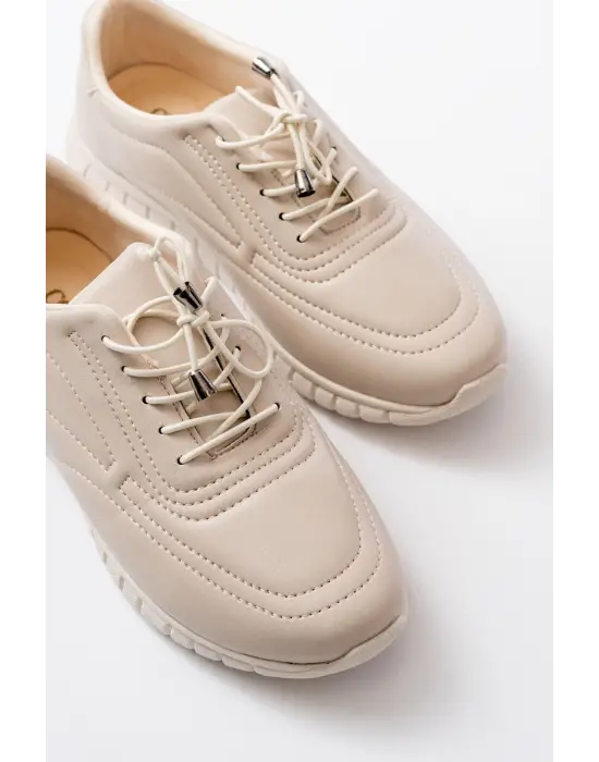 K-504 Bej Bağcıklı Desenli Günlük Spor Ayakkabı