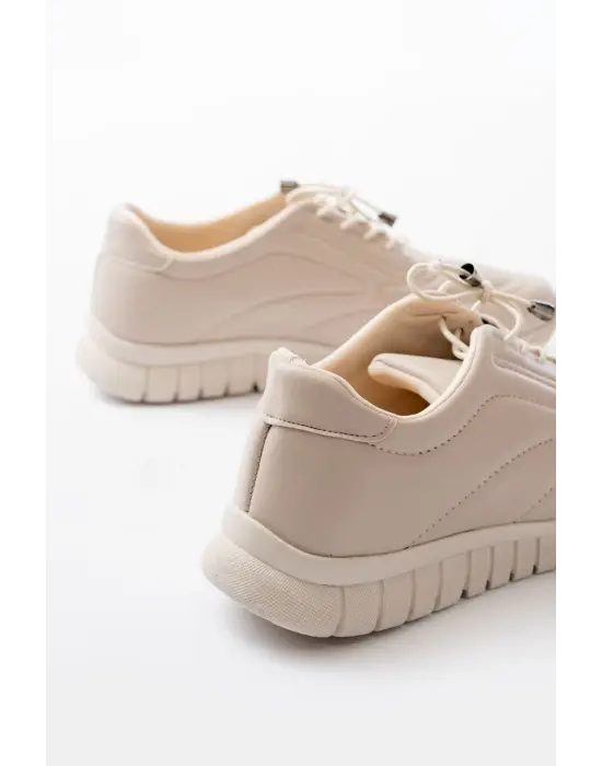 K-504 Bej Bağcıklı Desenli Günlük Spor Ayakkabı