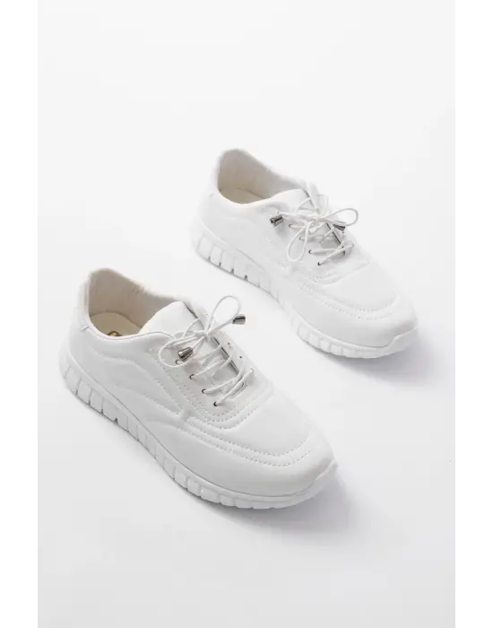 K-504 Beyaz Bağcıklı Desenli Günlük Spor Ayakkabı