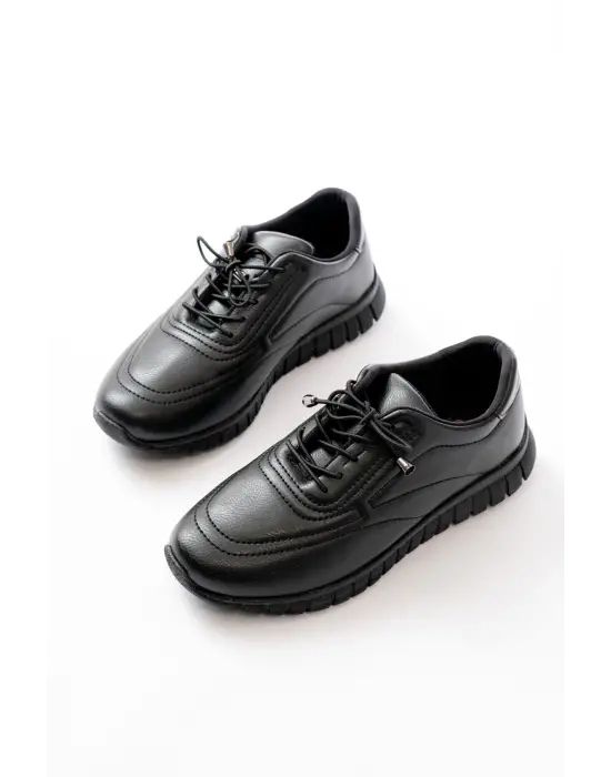 K-504 Siyah Bağcıklı Desenli Günlük Spor Ayakkabı