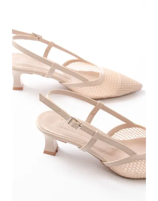 K-607 Bej Günlük Fileli Arkası Açık 7 cm Topuklu Bayan Ayakkabı