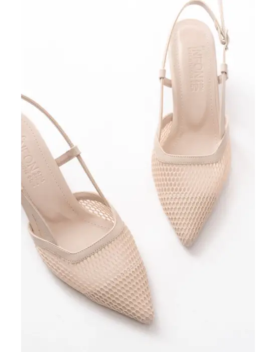 K-607 Bej Günlük Fileli Arkası Açık 7 cm Topuklu Bayan Ayakkabı