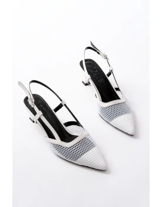 K-607 Beyaz Günlük Fileli Arkası Açık 7 cm Topuklu Bayan Ayakkabı