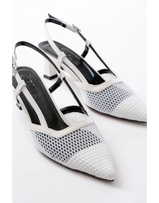 K-607 Beyaz Günlük Fileli Arkası Açık 7 cm Topuklu Bayan Ayakkabı