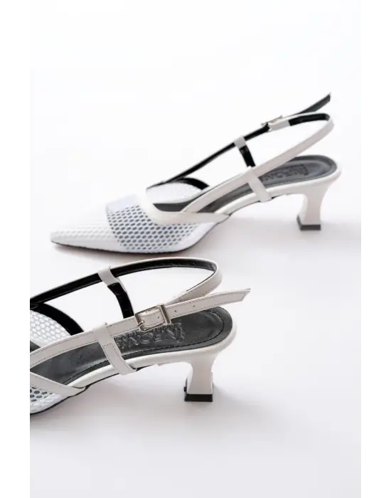 K-607 Beyaz Günlük Fileli Arkası Açık 7 cm Topuklu Bayan Ayakkabı