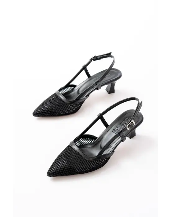 K-607 Siyah Günlük Fileli Arkası Açık 7 cm Topuklu Bayan Ayakkabı