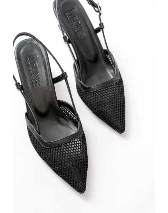 K-607 Siyah Günlük Fileli Arkası Açık 7 cm Topuklu Bayan Ayakkabı