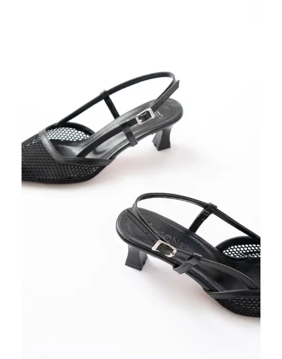 K-607 Siyah Günlük Fileli Arkası Açık 7 cm Topuklu Bayan Ayakkabı