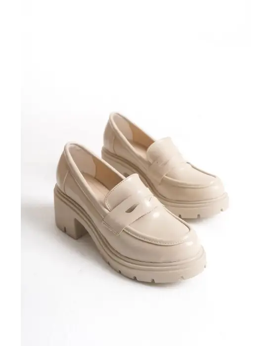 K-706 Bej Kırışık Rugan Yüksek Tabanlı Loafer Ayakkabı