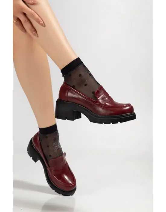 K-706 Bordo Kırışık Rugan Yüksek Tabanlı Loafer Ayakkabı