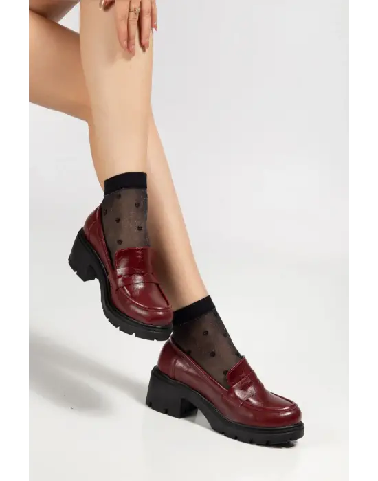 K-706 Bordo Kırışık Rugan Yüksek Tabanlı Loafer Ayakkabı