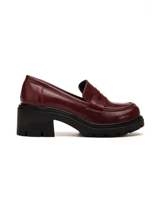 K-706 Bordo Kırışık Rugan Yüksek Tabanlı Loafer Ayakkabı