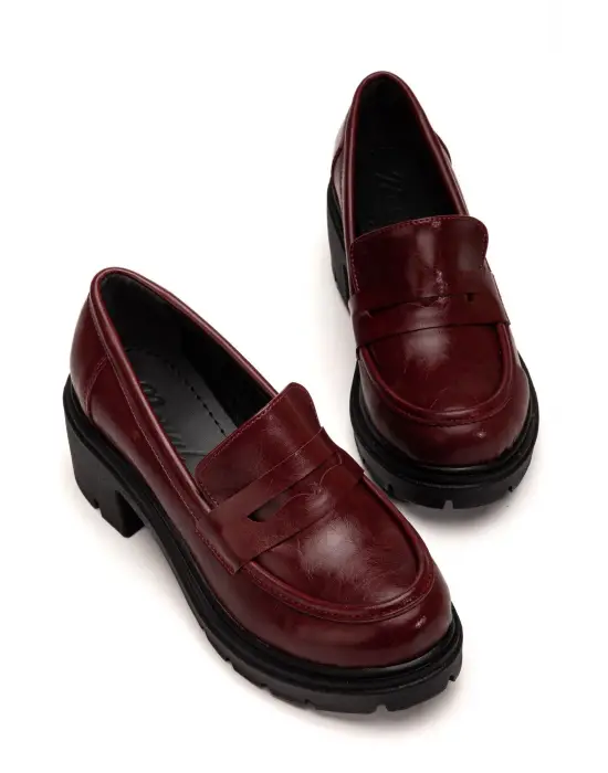 K-706 Bordo Kırışık Rugan Yüksek Tabanlı Loafer Ayakkabı