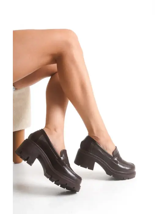 K-706 Kahve Kırışık Rugan Yüksek Tabanlı Loafer Ayakkabı